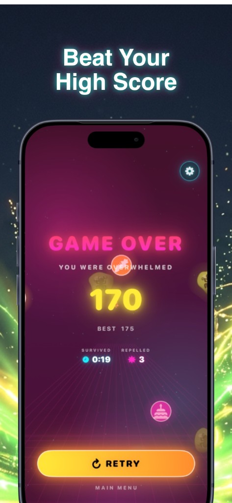 Game over screen with score, survival time, vermin repelled count, and retry button
